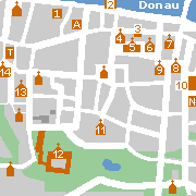 Stadtplan einiger Sehenswürdigkeiten in der Innenstadt von Regensburg