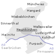 Lage einiger Stadtteile im Stadtgebiet von Neunkirchen an der Blies 