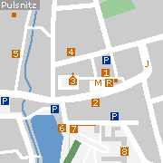 Pulsnitz - Stadtplan mit Sehenwürdigkeiten in der Innenstadt