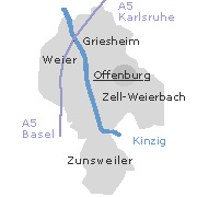 Lage einiger Orte im Stadtgebiet von Offenburg