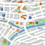 Pforzheim,  Stadtplan der Sehenswürdigkeiten in der Innenstadt