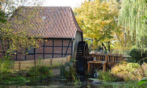 Munster, Wassermühle am Zulauf der Örtze in den Mühlenteich