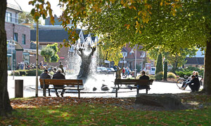 Schneverdingen, Ruhezone mit Brunnen vor dem Rathaus